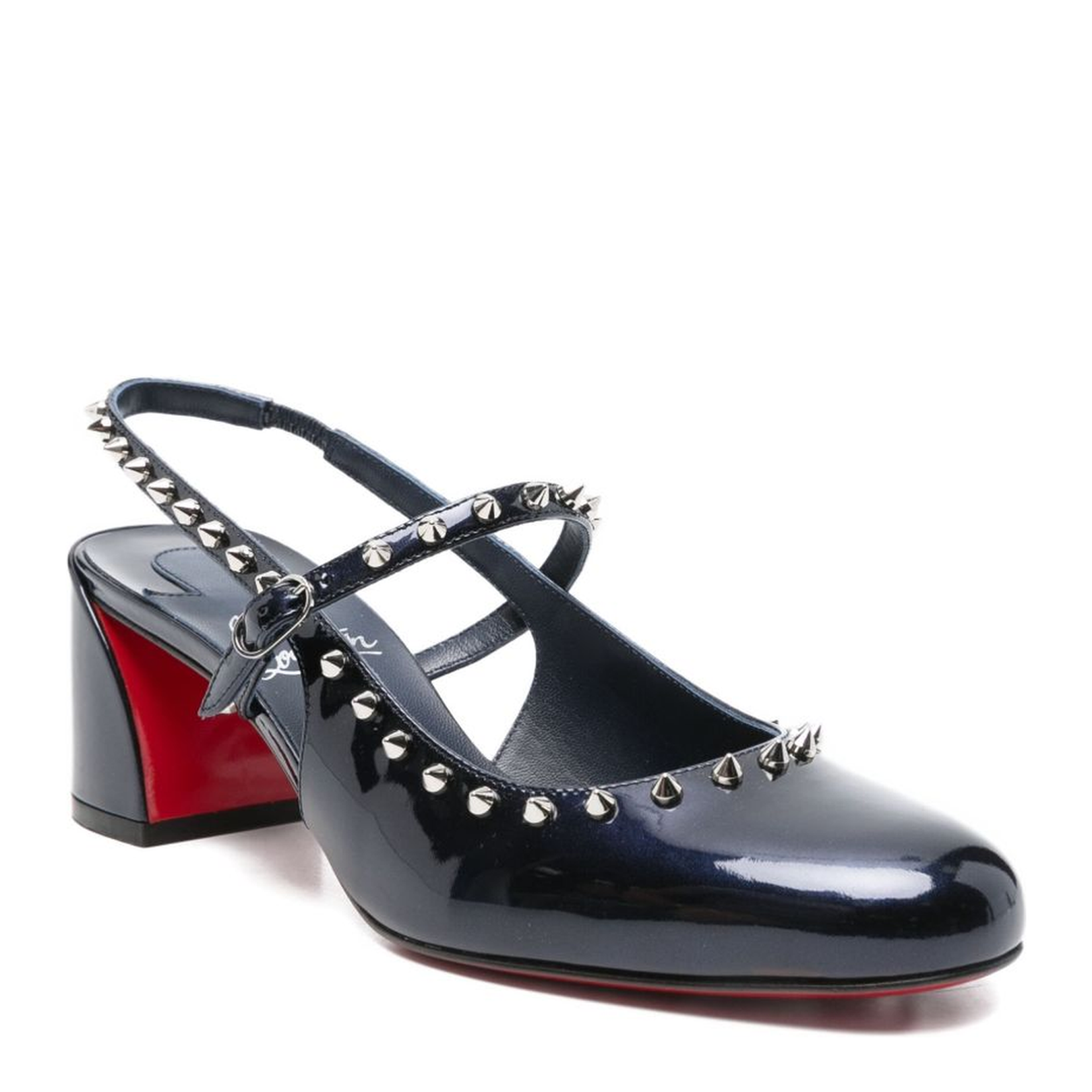 Dark Blue Patent Leather Slingback Strap Block Heel