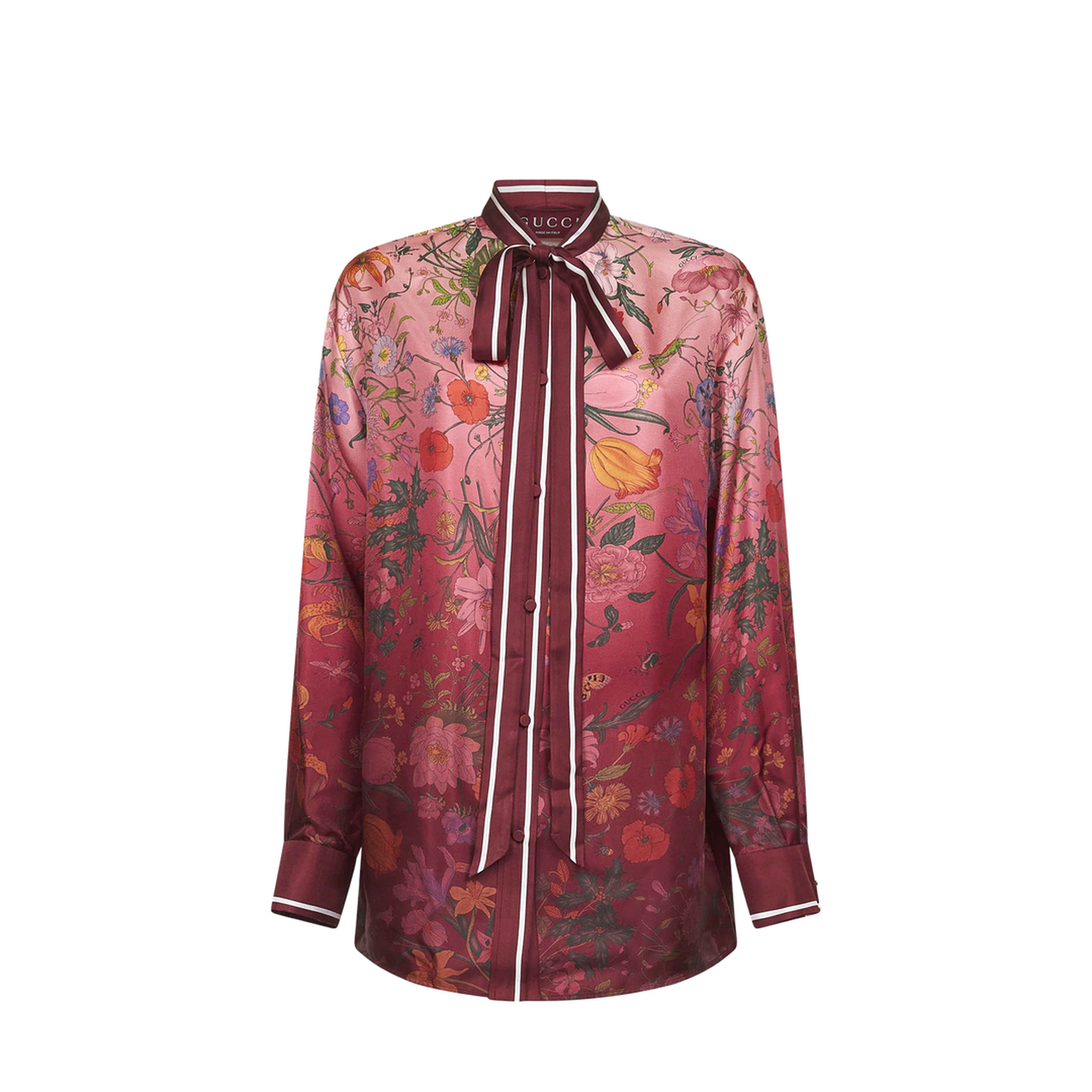 Printed Silk Shirt with Neck Bow in Pink and Rosso Ancora Red