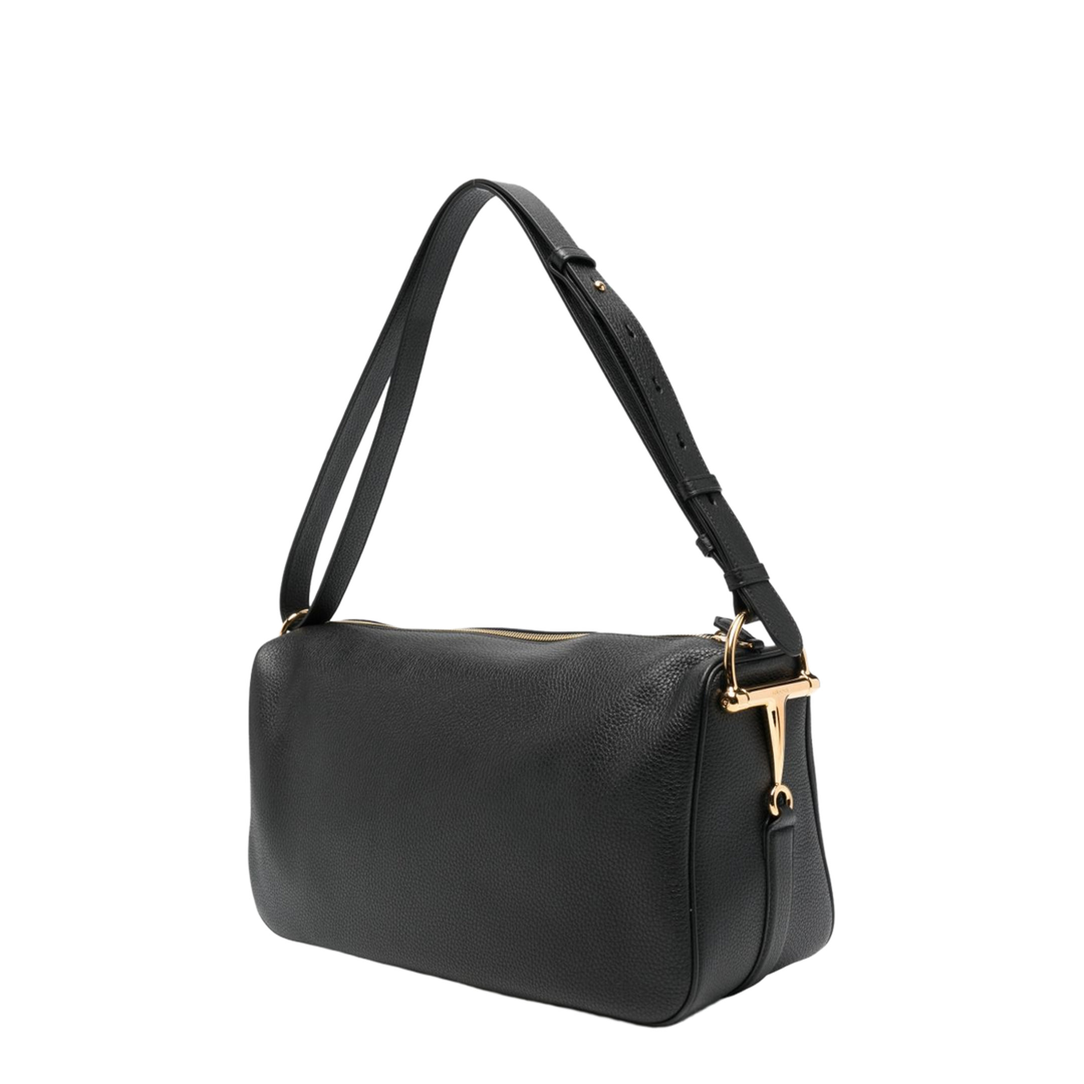 Half Horsebit Large Grained Calf Leather Shoulder Bag - Black