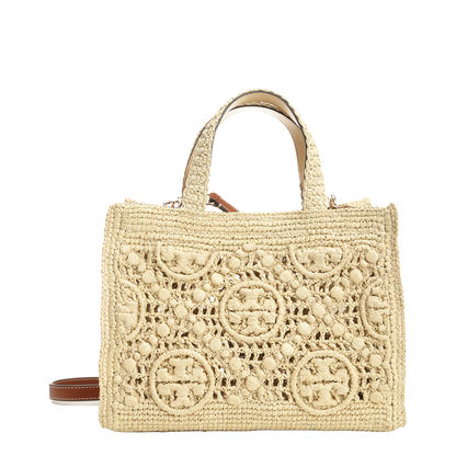 T Monogram Woven Raffia Tote