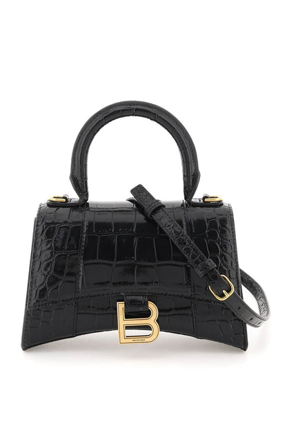 Hourglass Handbag XS in Black Crocodile Embossed Calfskin