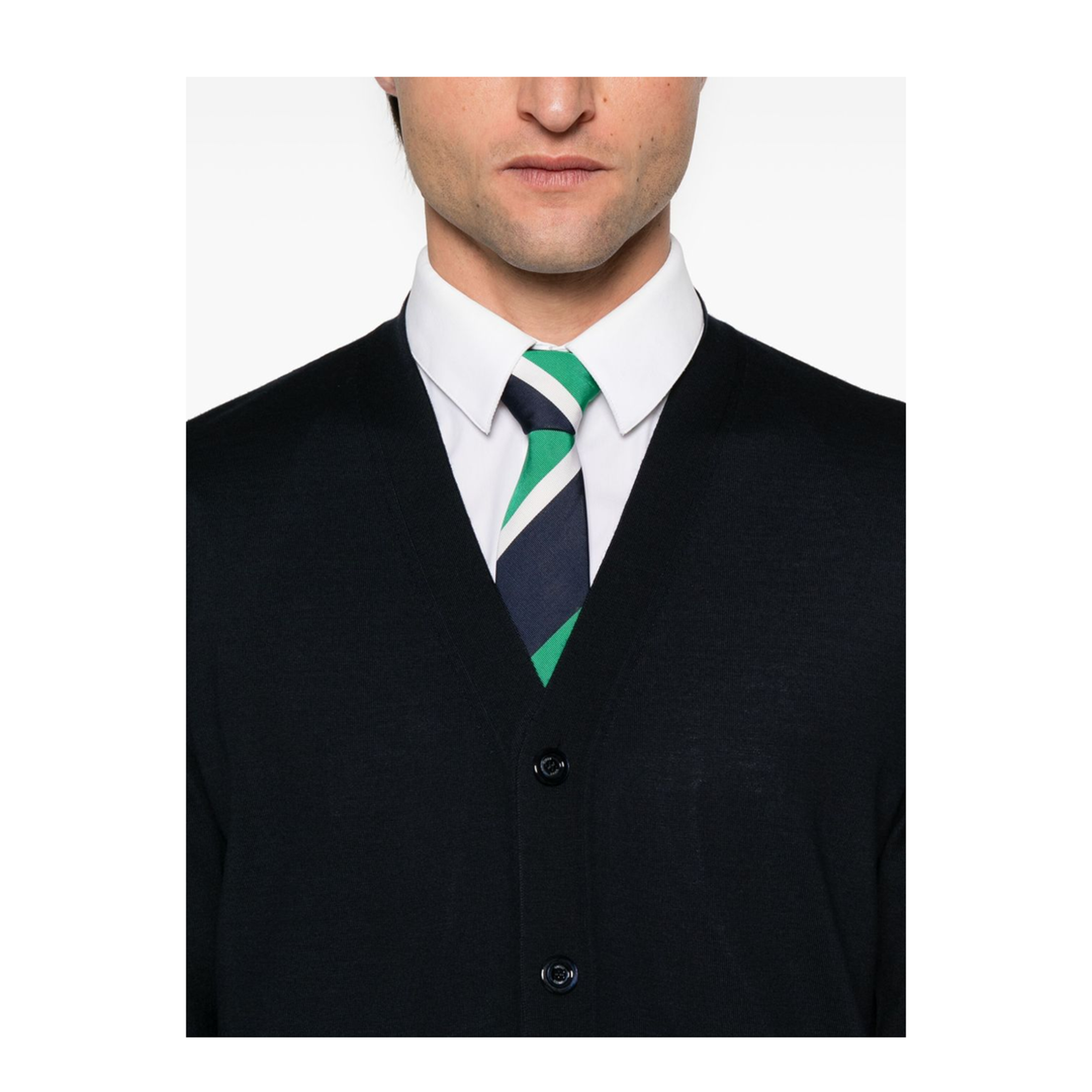 Wool Knit Cardigan with Web in Dark Blue