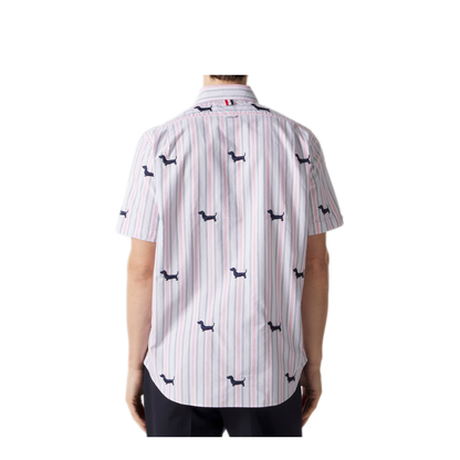 MAYFEYR - Thom Browne - Straight Fit Bd S/S Shirt With Satin Stitch Half Drop Hector In 4 Bar Repp Stripe Oxford - MWS239EE1489960