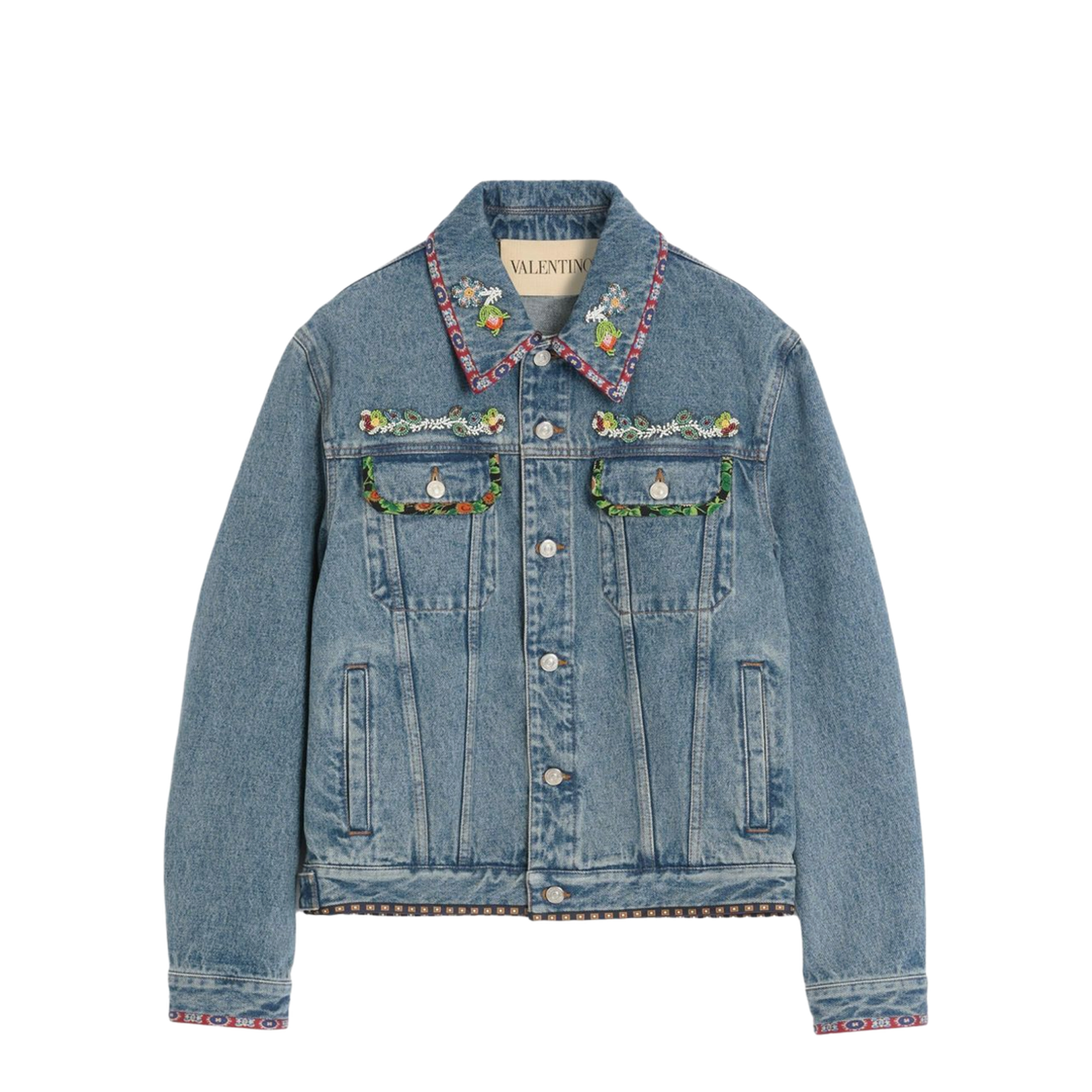 Denim Jacket With Beaded Embroidery And Printed Edges