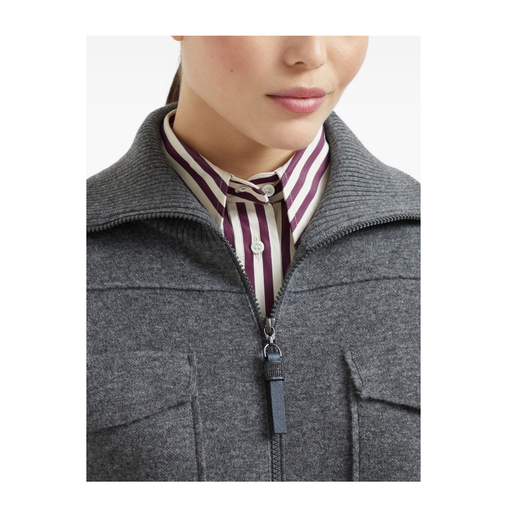 Crop Wool Cardigan High Neck Zip Closure with Shiny Zipper Pull