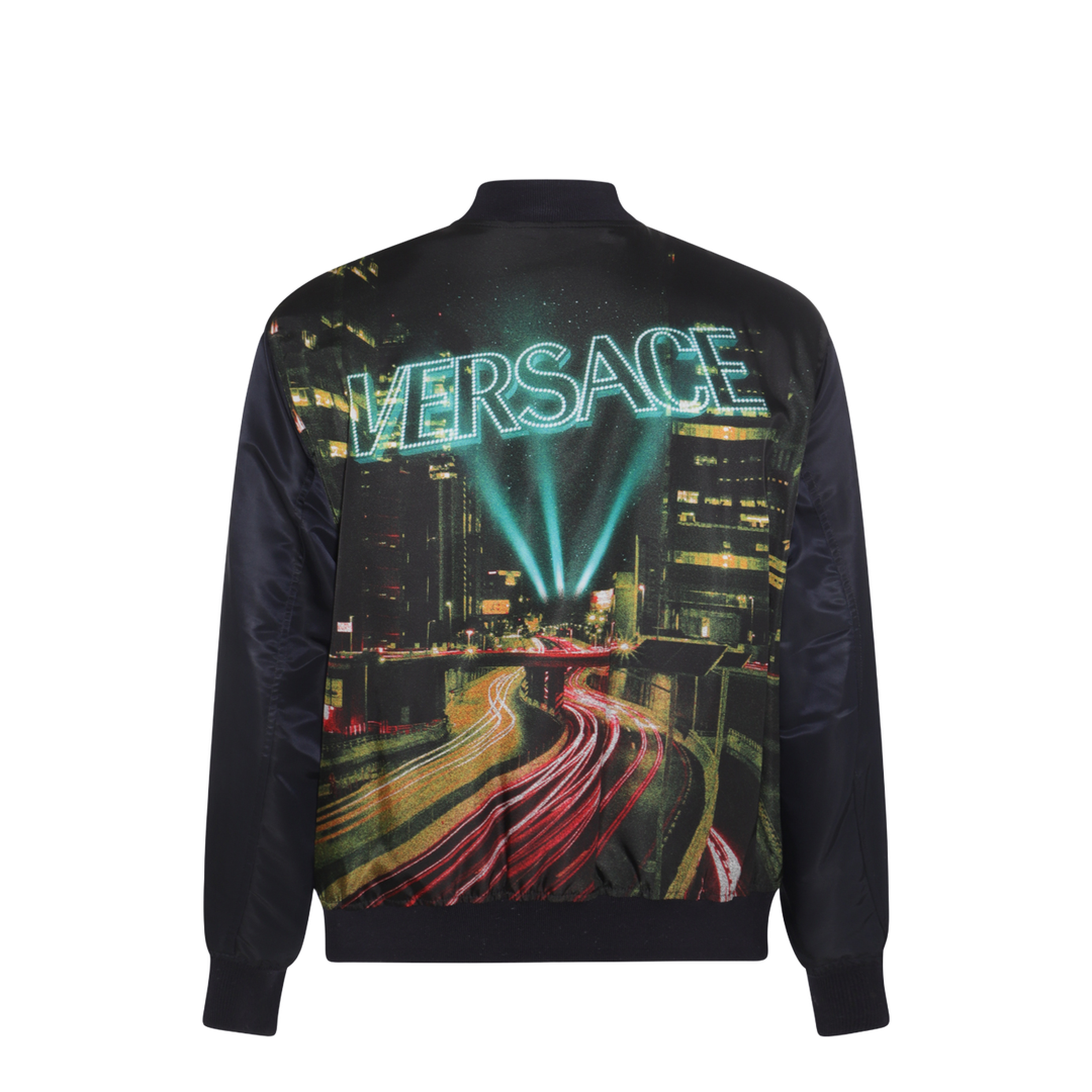 Black And Multicolour Printed Bomber Down Jacket