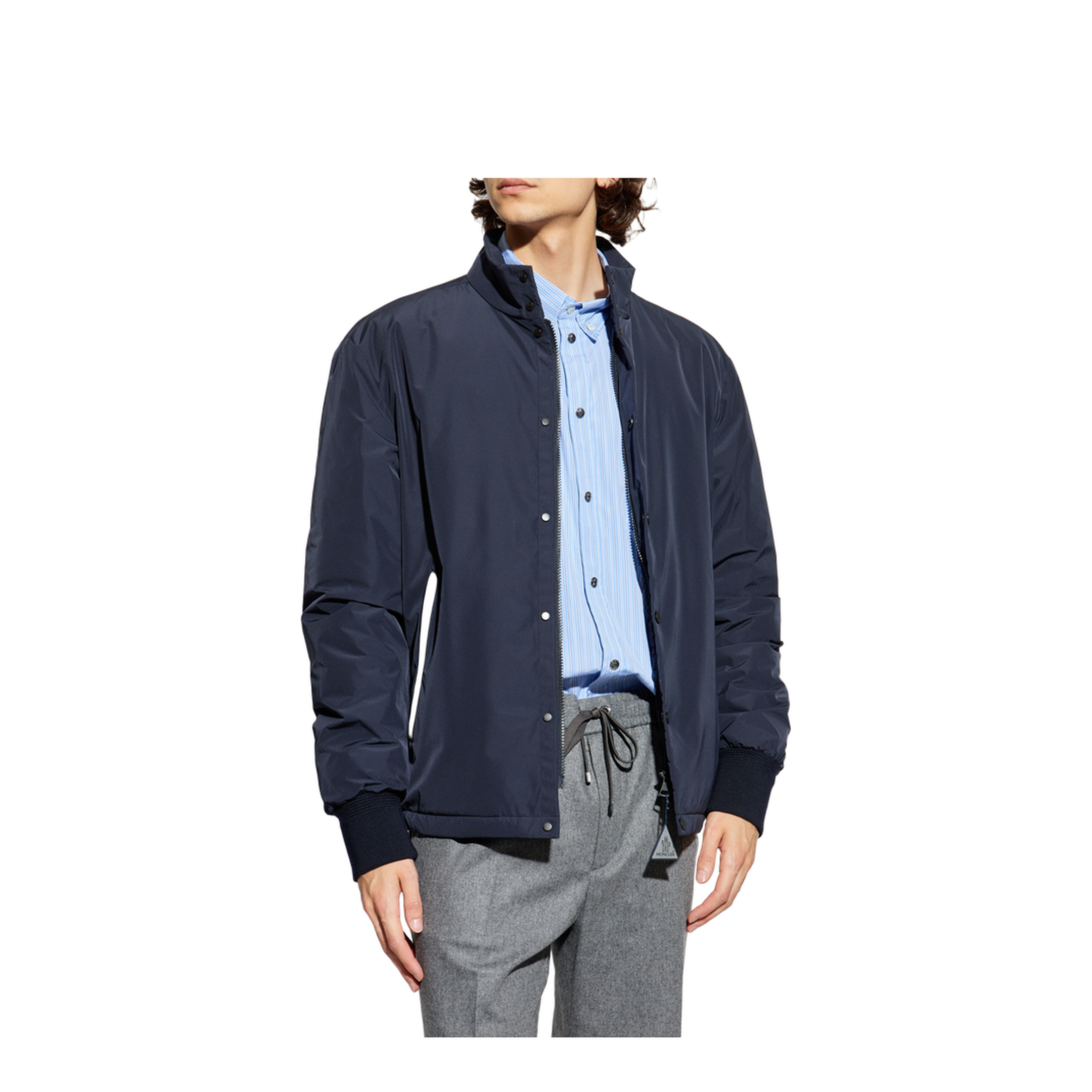 Navy Blue Lanques Leather-Trimmed Short Down Jacket