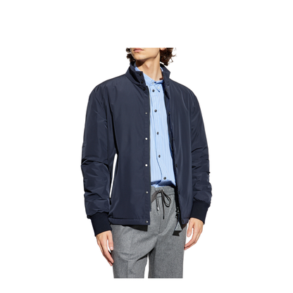 Navy Blue Lanques Leather-Trimmed Short Down Jacket