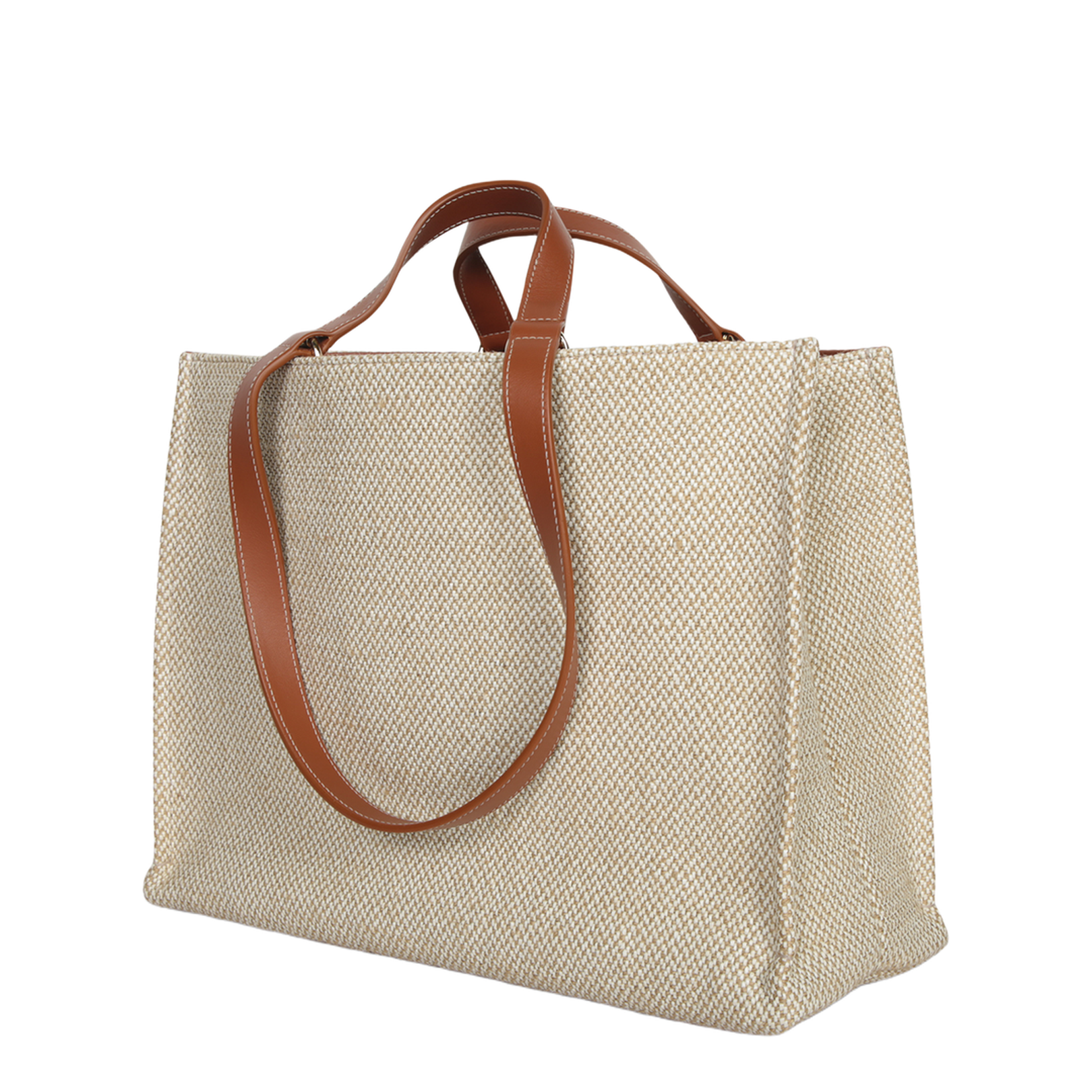 Jacquard fabric tote bag with leather details. Top handles and printed  logo.
