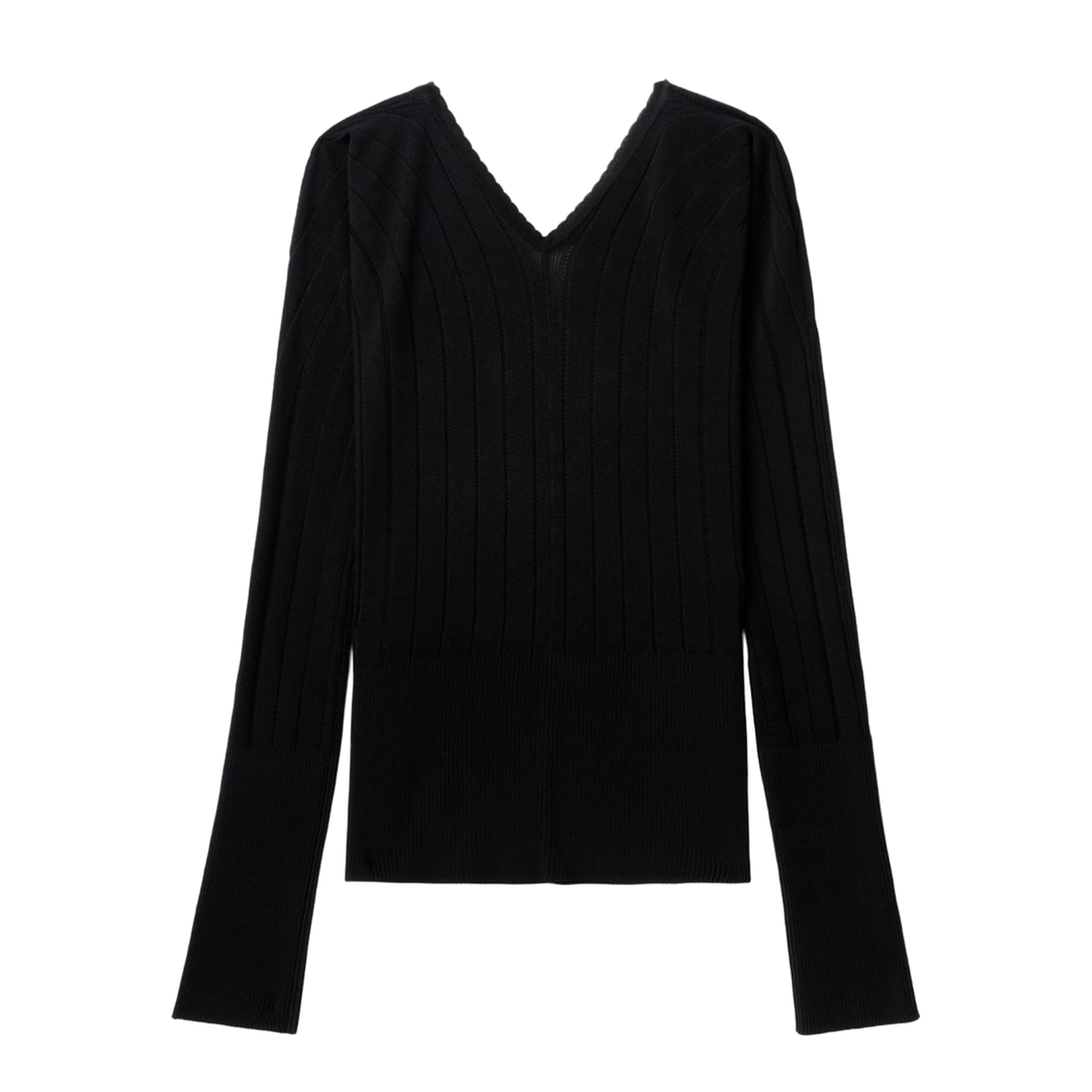 Black Ribbed Knit V-Neck Sweater