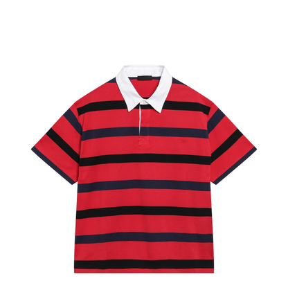 Short-Sleeved Polo Shirt With Red Blue Stripes