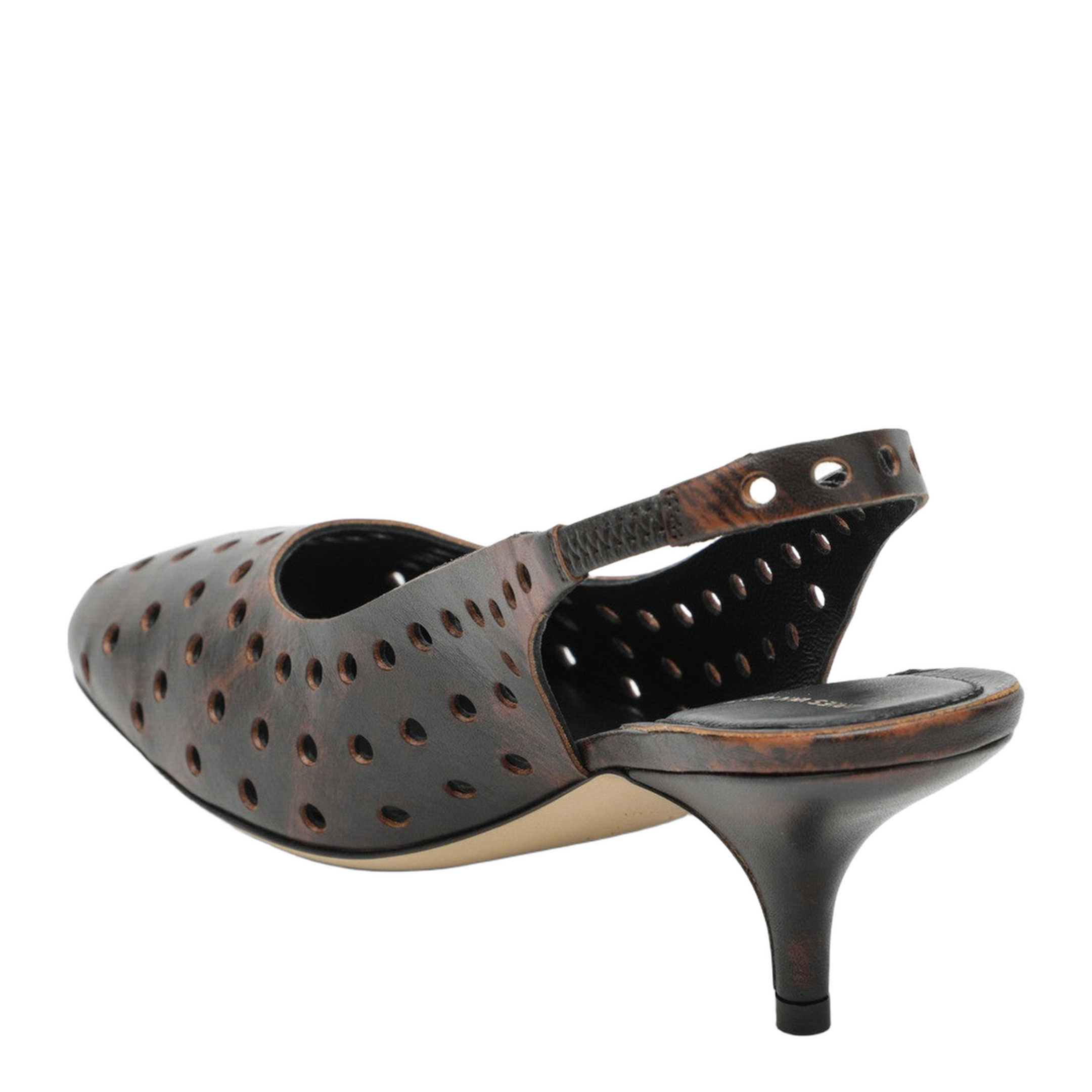 Brown Aged Leather Perforated Slingback Shoes