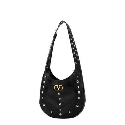 Hoboho Nappa Leather Hobo Bag With Chevron Pattern And Studs Black