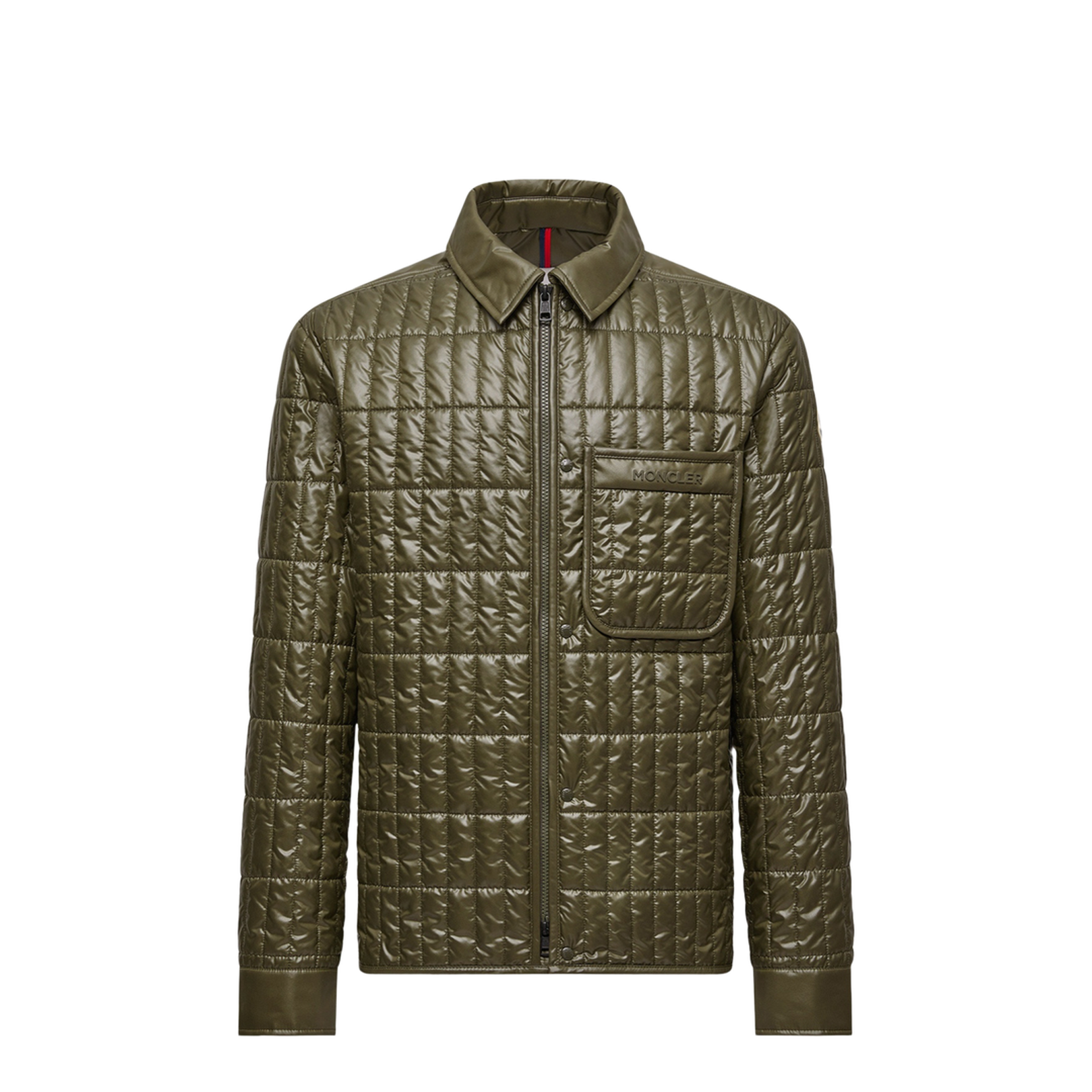 Olive Green Madiere Vertical-Quilted Padded Shirt Jacket