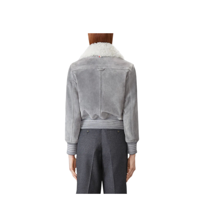 MAYFEYR - Thom Browne - Cropped Flight Jacket With Shearling Collar In Suede - FBC910YL0140035