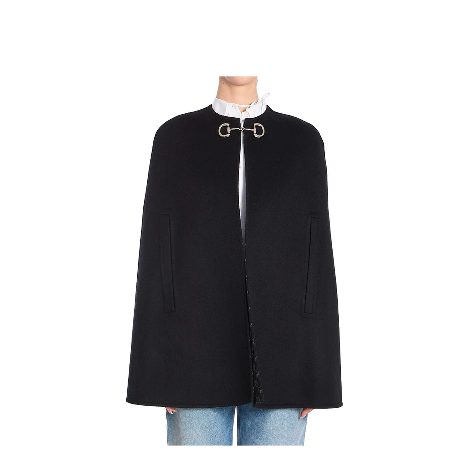 Wool and Silk Horsebit Cape in Black and Grey