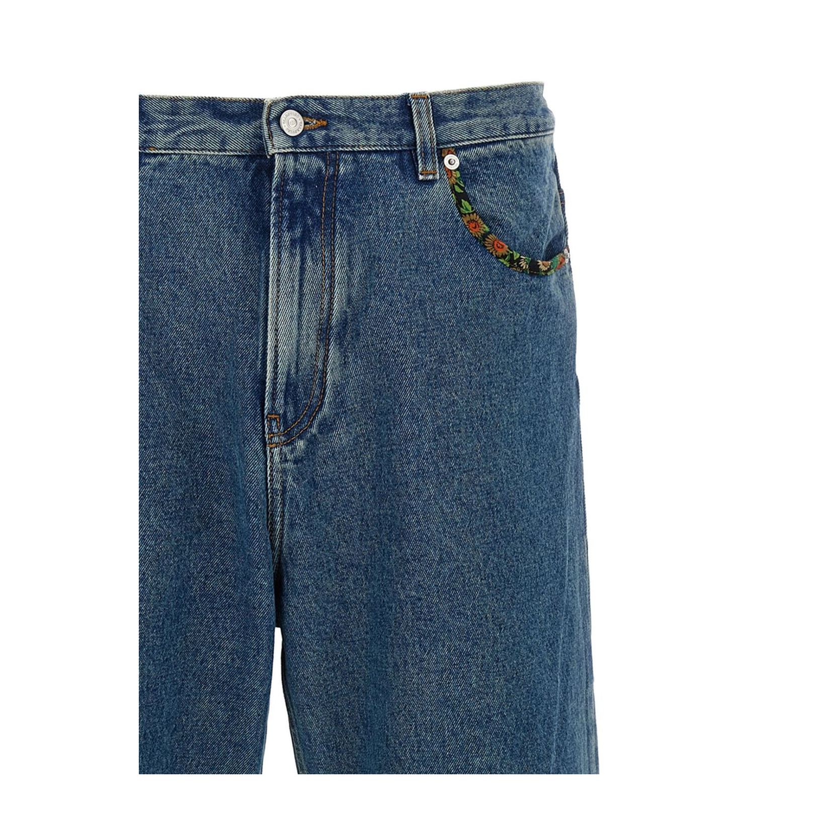Denim Pants With Printed Border in Blue