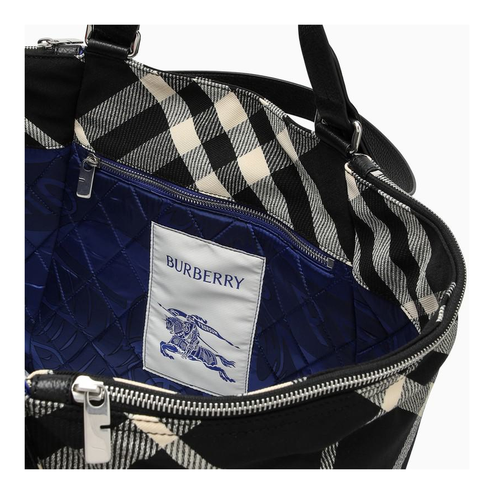 Black Calico Cotton-Blend Tote Bag with Check Pattern