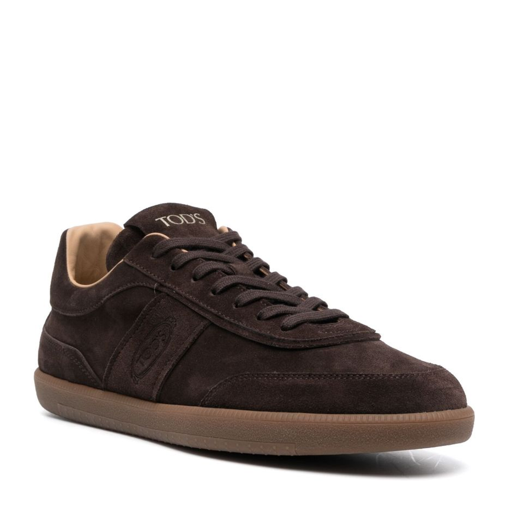 Brown Calf Suede Logo-Print Tongue Round Toe Front Lace-Up Fastening Flat Rubber Sole