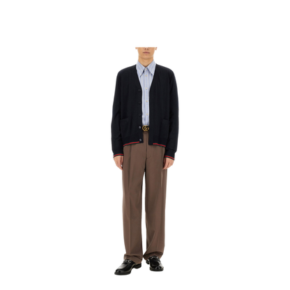 Wool Knit Cardigan with Web in Dark Blue