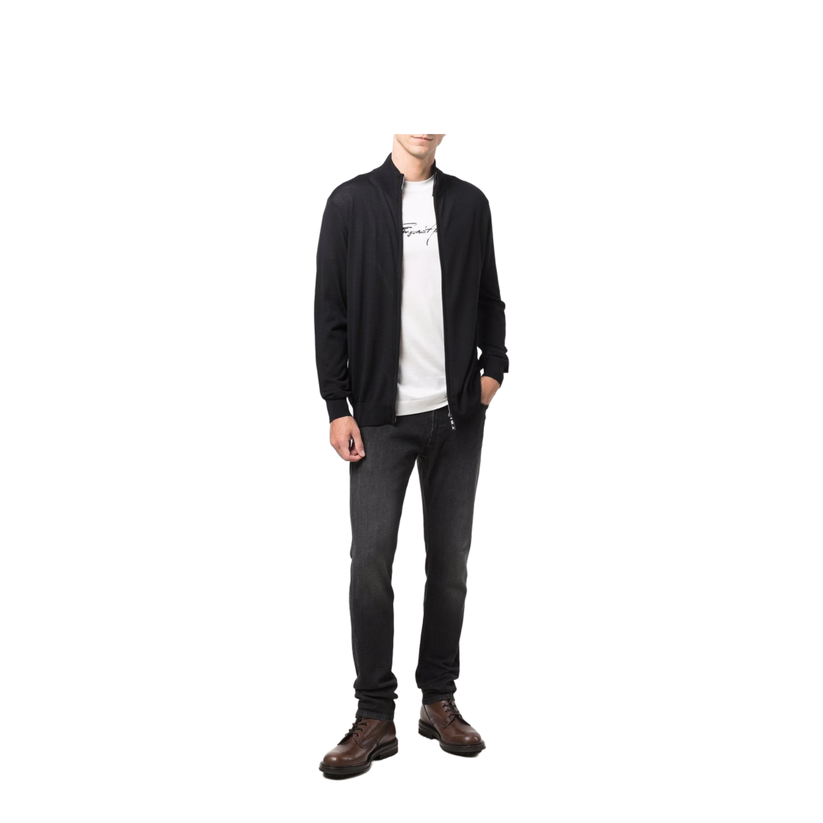 Navy-Blue Virgin Wool Fine Knit High Neck Front Zip Fastening Long Sleeves Cardigan