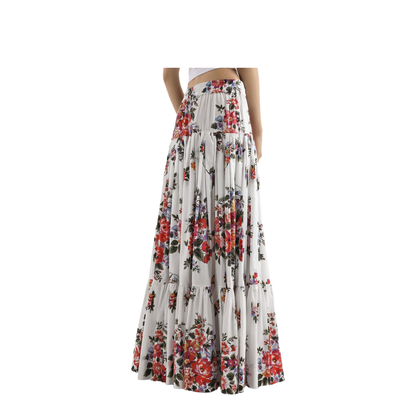 Flower Bouquet-Print Poplin Long Skirt