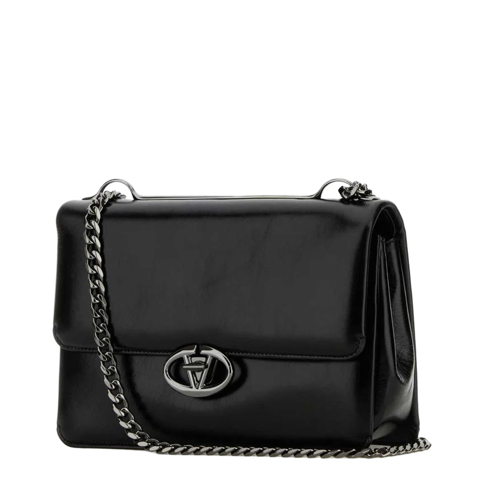 VLogo Black Leather Medium Shoulder Bag