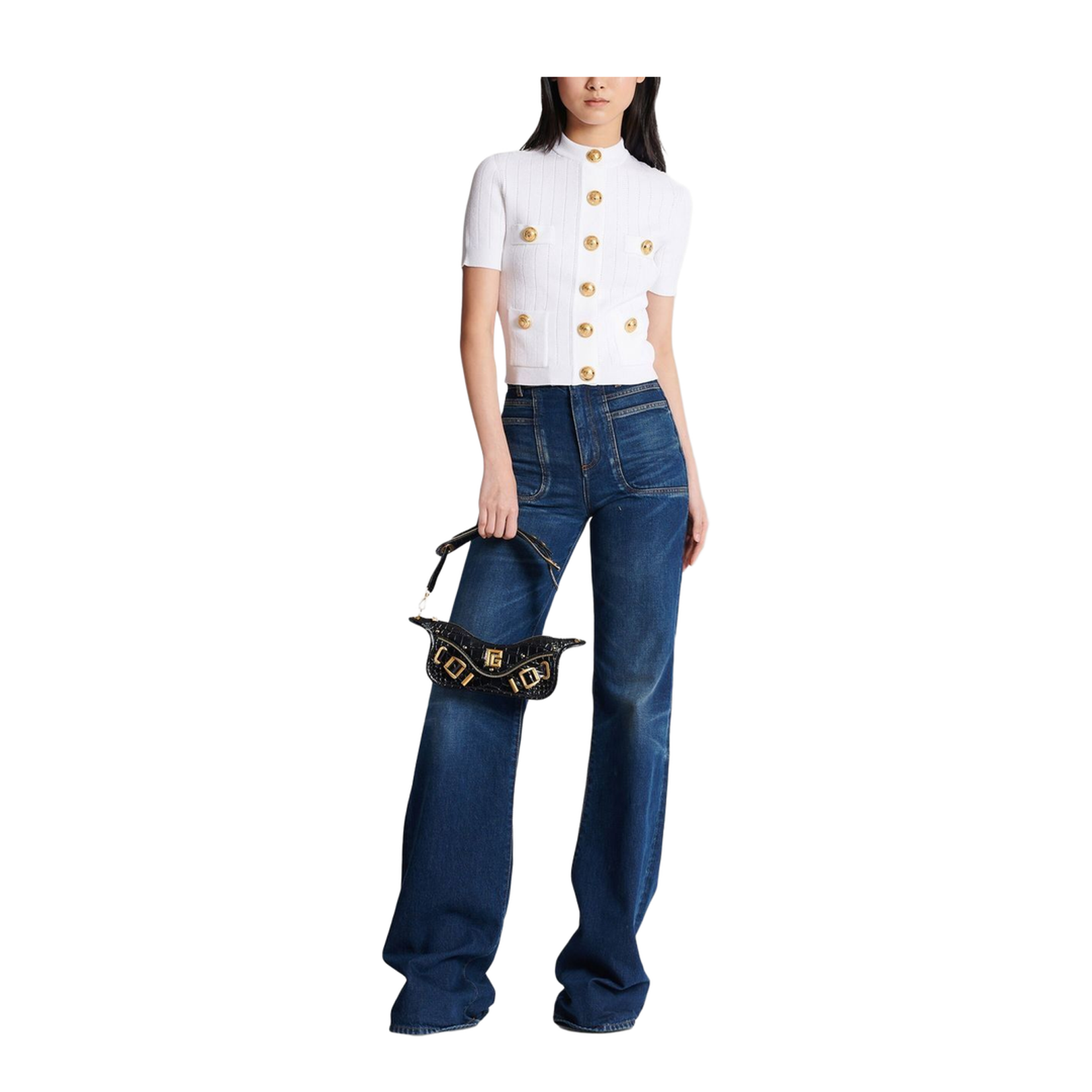Pointelle Knit Sweater with Gold-tone Buttons