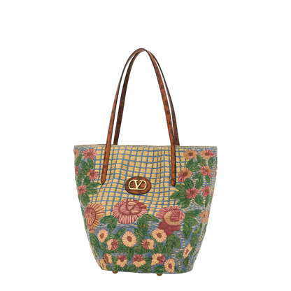 Embroidered Raffia Vlogo Signature Shopping Bag