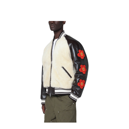 Beige Shearling-Effect and Brown Leather Bomber Jacket