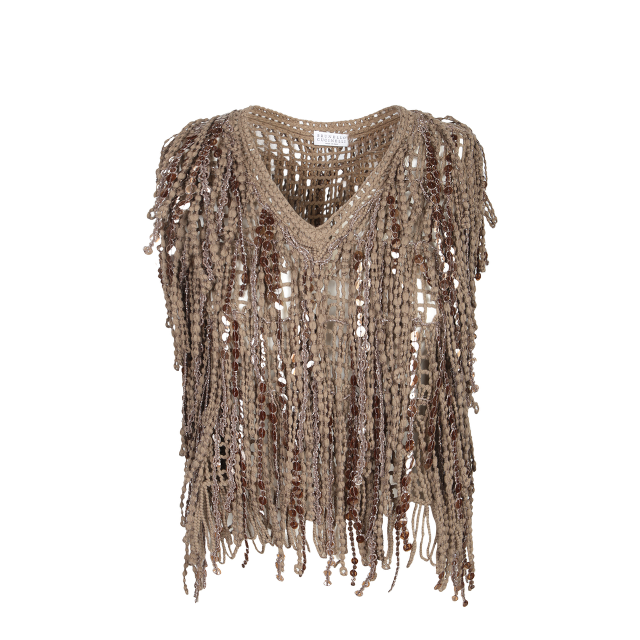 Knit Vest with Lurex Details Long Fringes V-Neckline