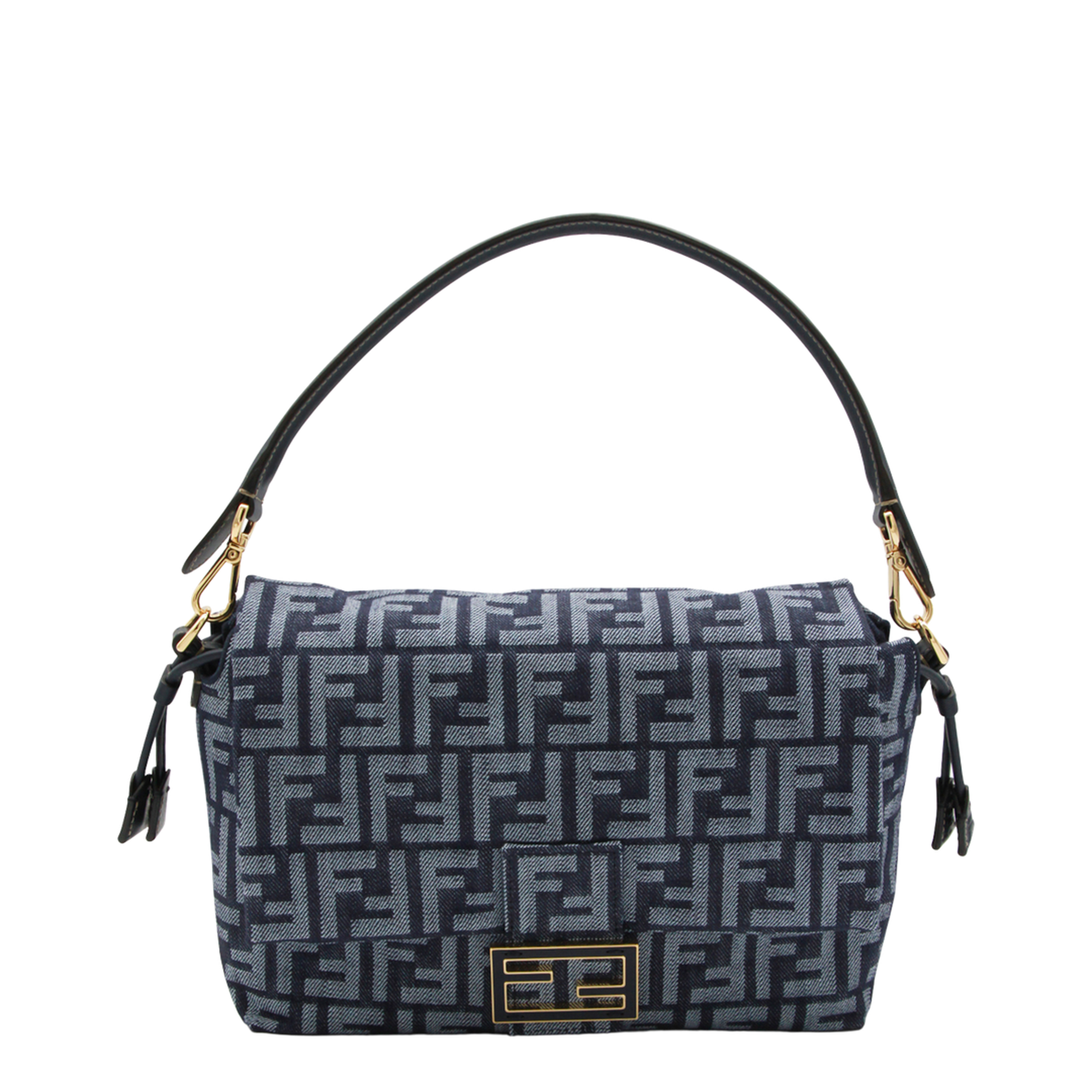 Mamma Baguette Medium Denim-Effect FF Jacquard Shoulder Bag - Dark Blue