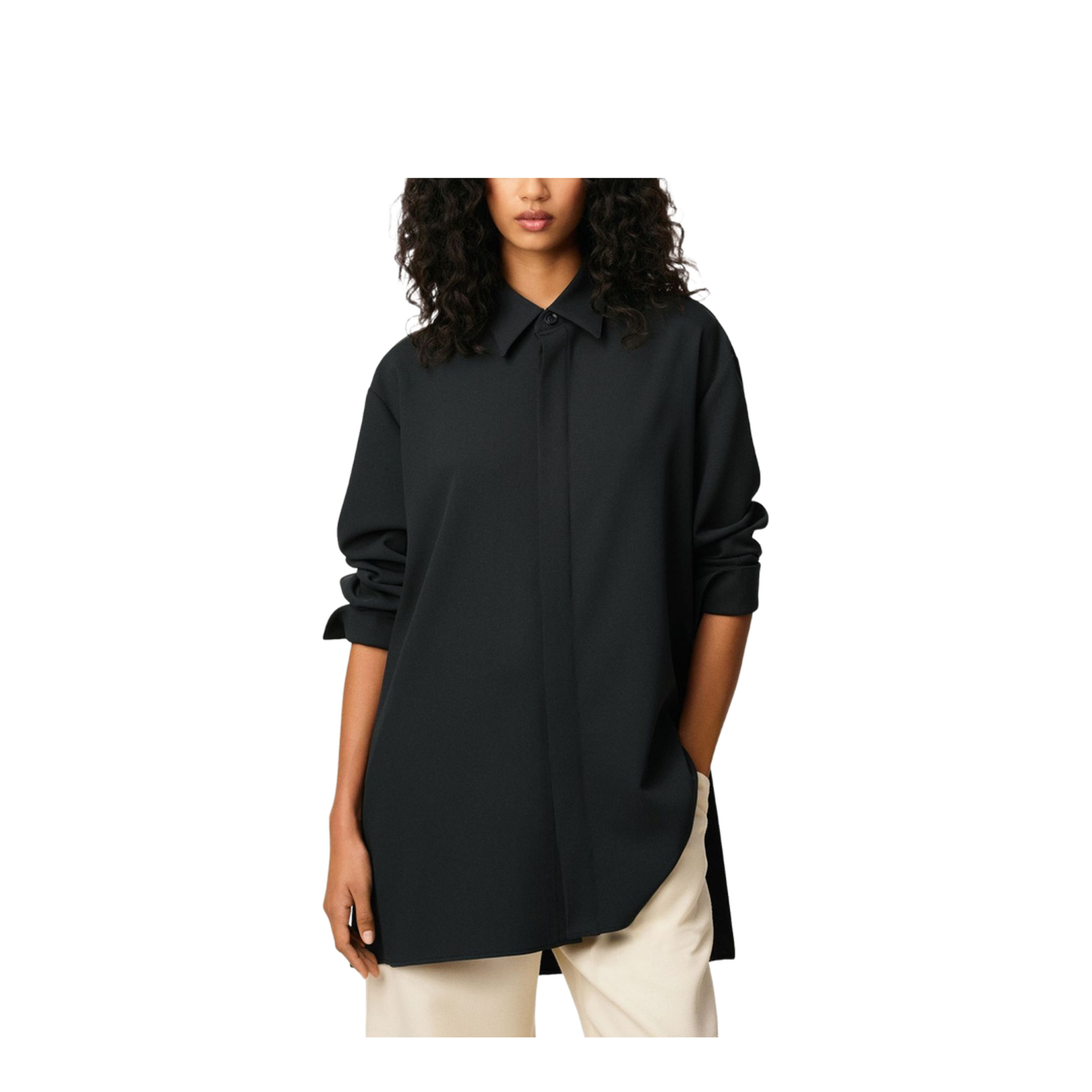 Anthracite Black Wool Long Oversized Side Slits Shirt