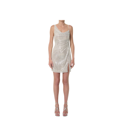 MAYFEYR - Self Portrait - Silver Rhinestone Draped Mini Dress - PF26041SCH