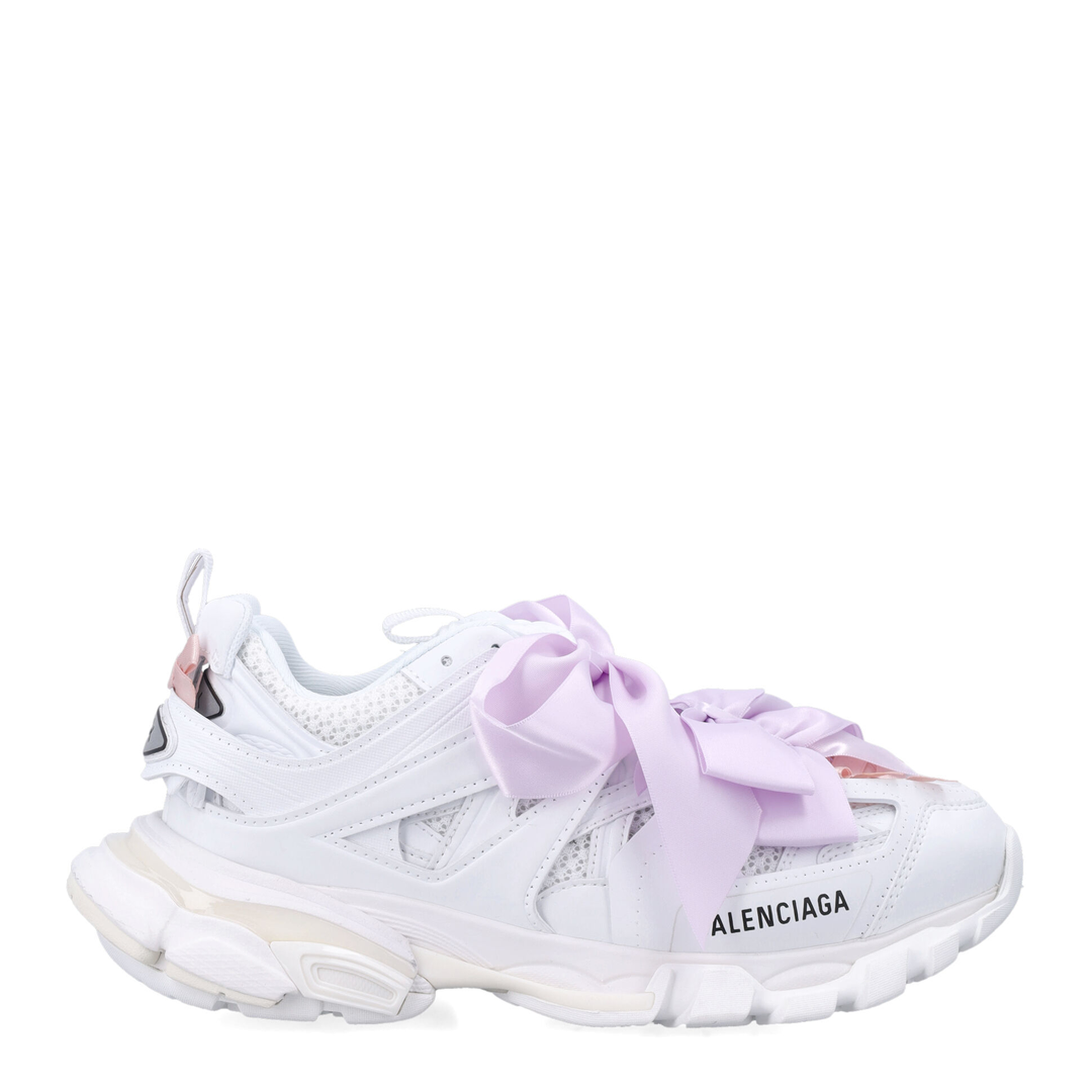 Track Bow Sneakers in Mixed Materials, White and Pink