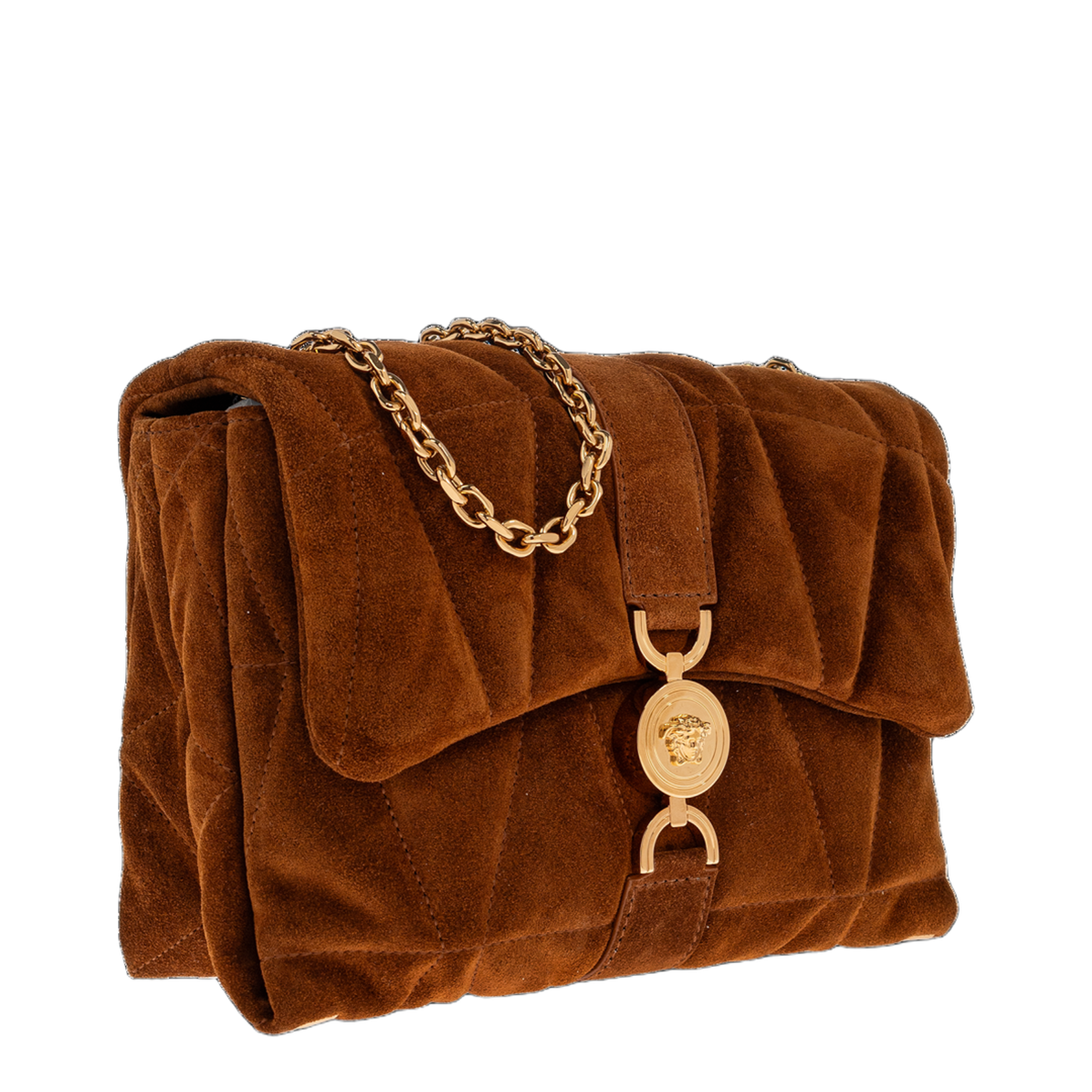 Quilted Chain Suede Shoulder Bag - Brown