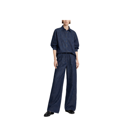 Indigo Denim Wide-Leg Trousers with Pleats