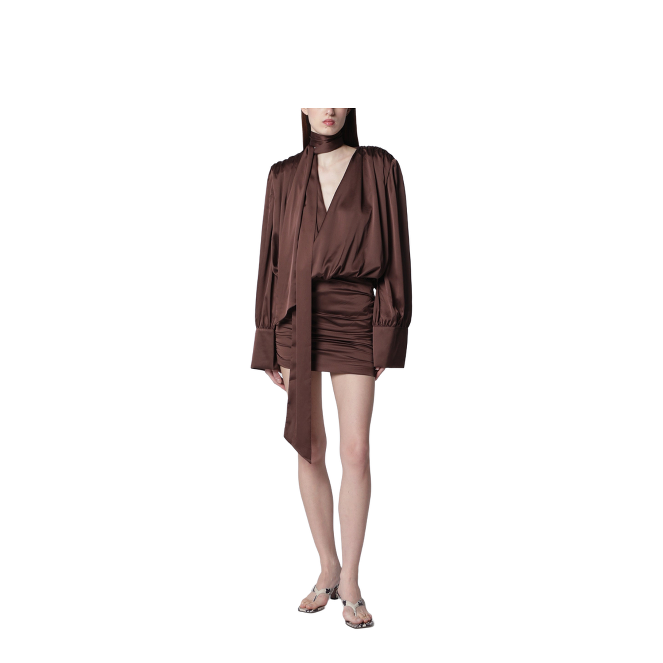 Short Chiffon Dress with Deep V-Neck and Bow, Brown