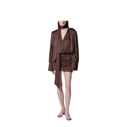 Short Chiffon Dress with Deep V-Neck and Bow, Brown