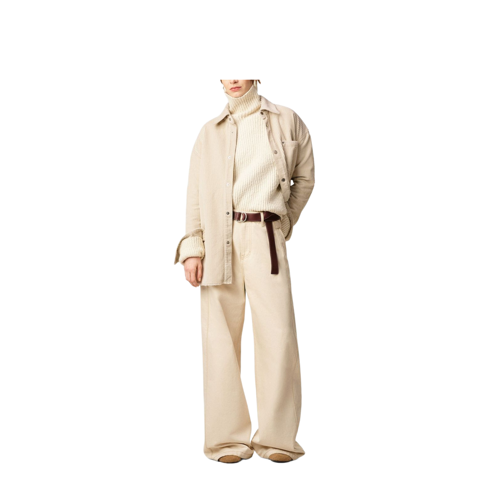 Ivory White Cotton Corduroy Side Slit Overshirt