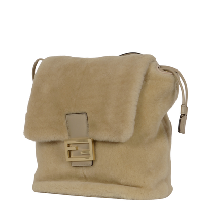 Drawstring Shearling Backpack - Beige