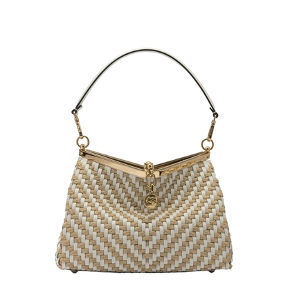 Vela Medium Woven Leather and Raffia Shoulder Bag - White