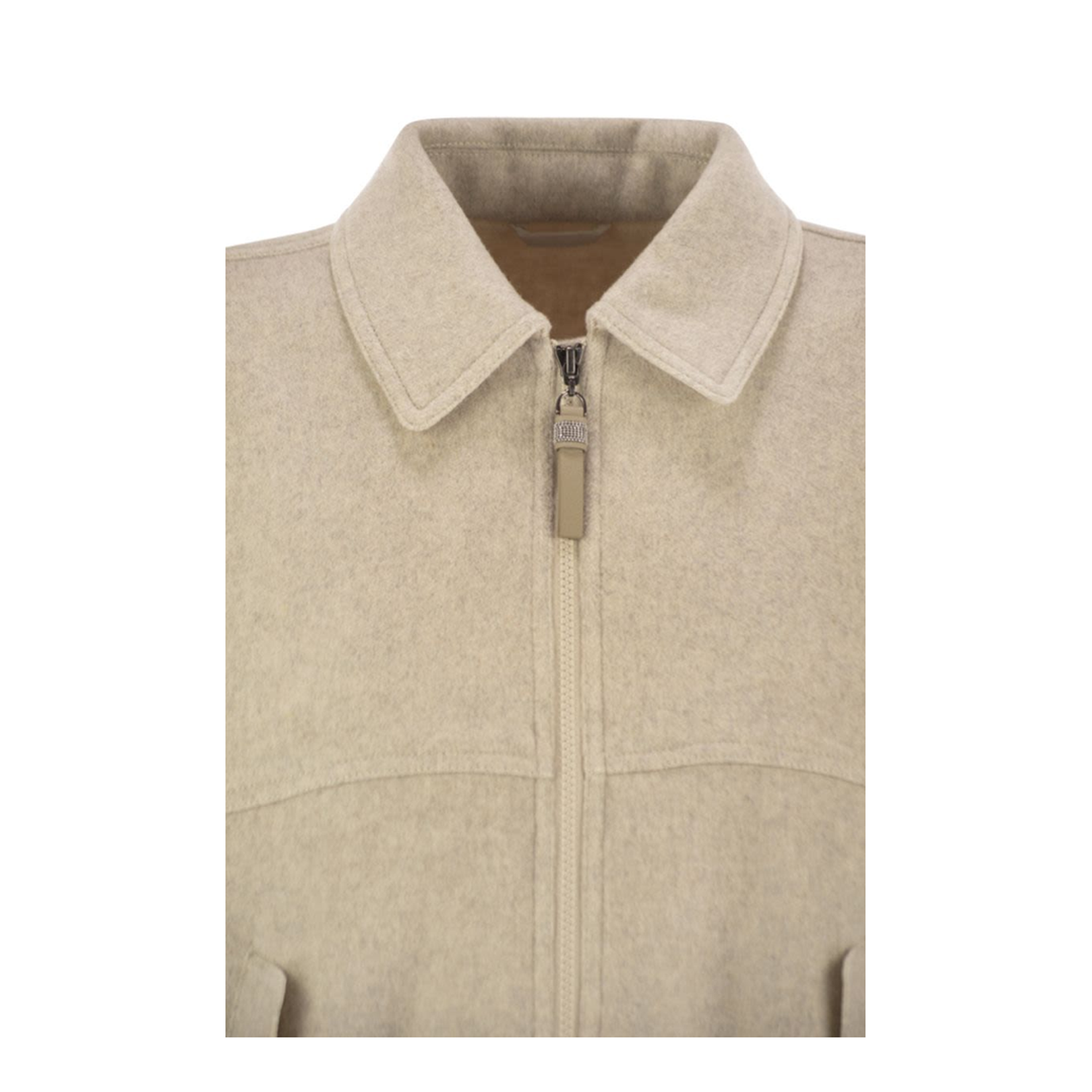 Double Cashmere And Wool Cloth Bomber Jacket With Shiny Zipper Pull In Neutral