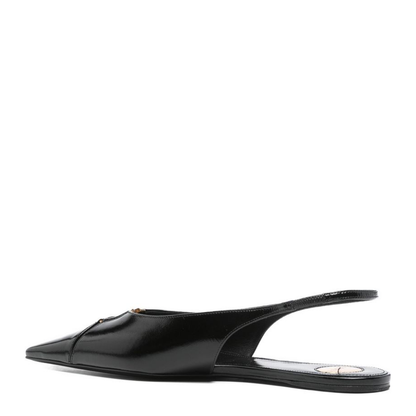 Black Leather Pointed Toe Slingback Strap Flat Sole