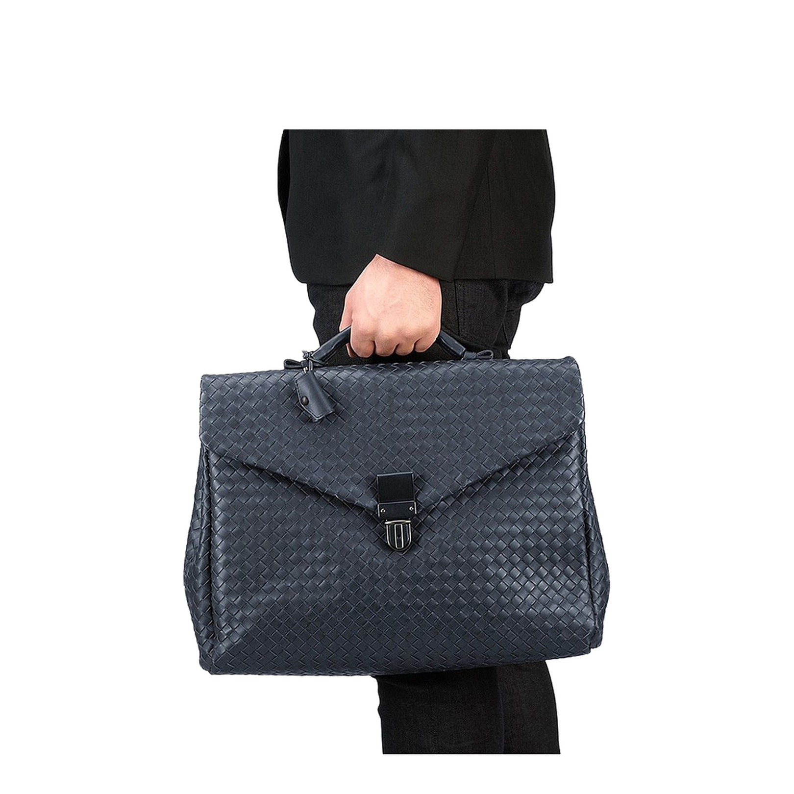 Intrecciato Leather Briefcase - Navy blue
