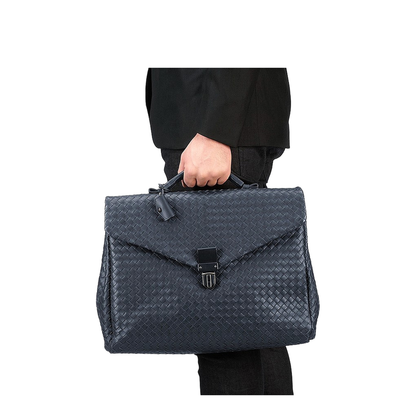 Intrecciato Leather Briefcase - Navy blue