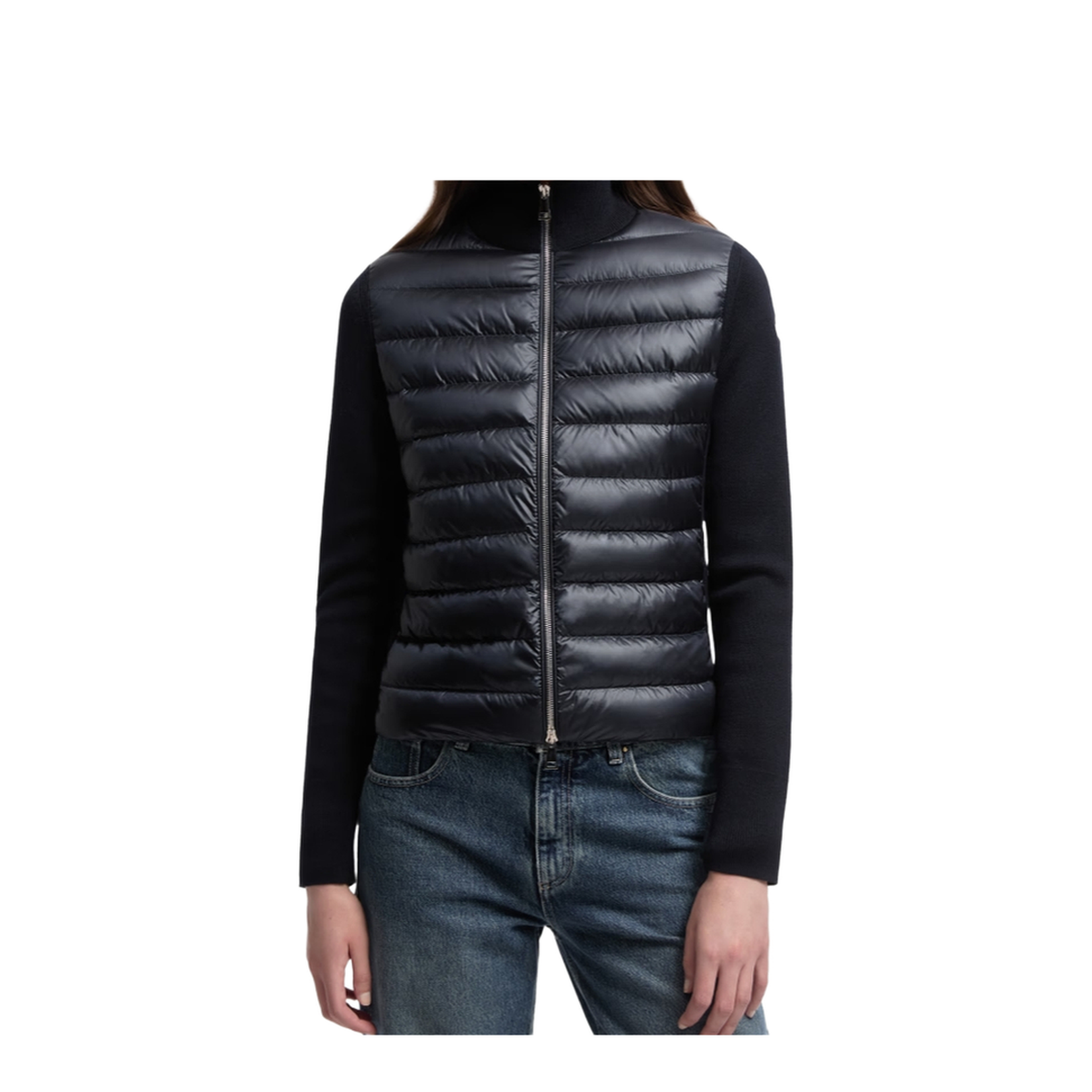 Navy Blue Padded Wool Zip-Up Cardigan