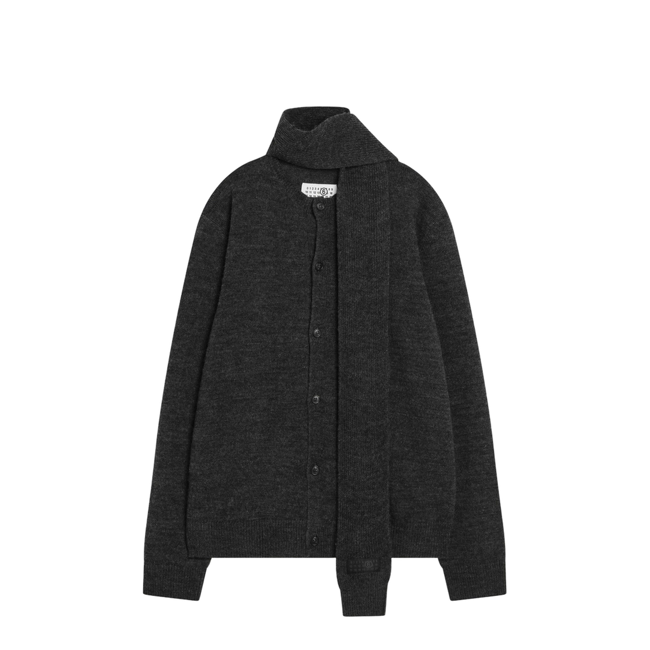 Grey Wool-Blend Cardigan with Scarf