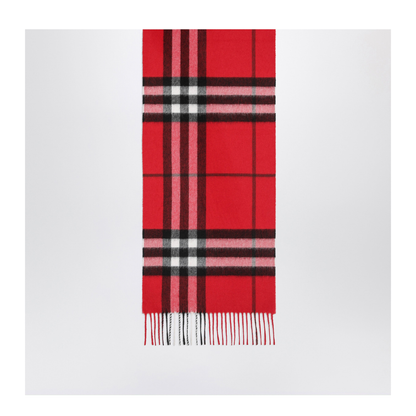 Check Cashmere Scarf with Fringes in Post Red