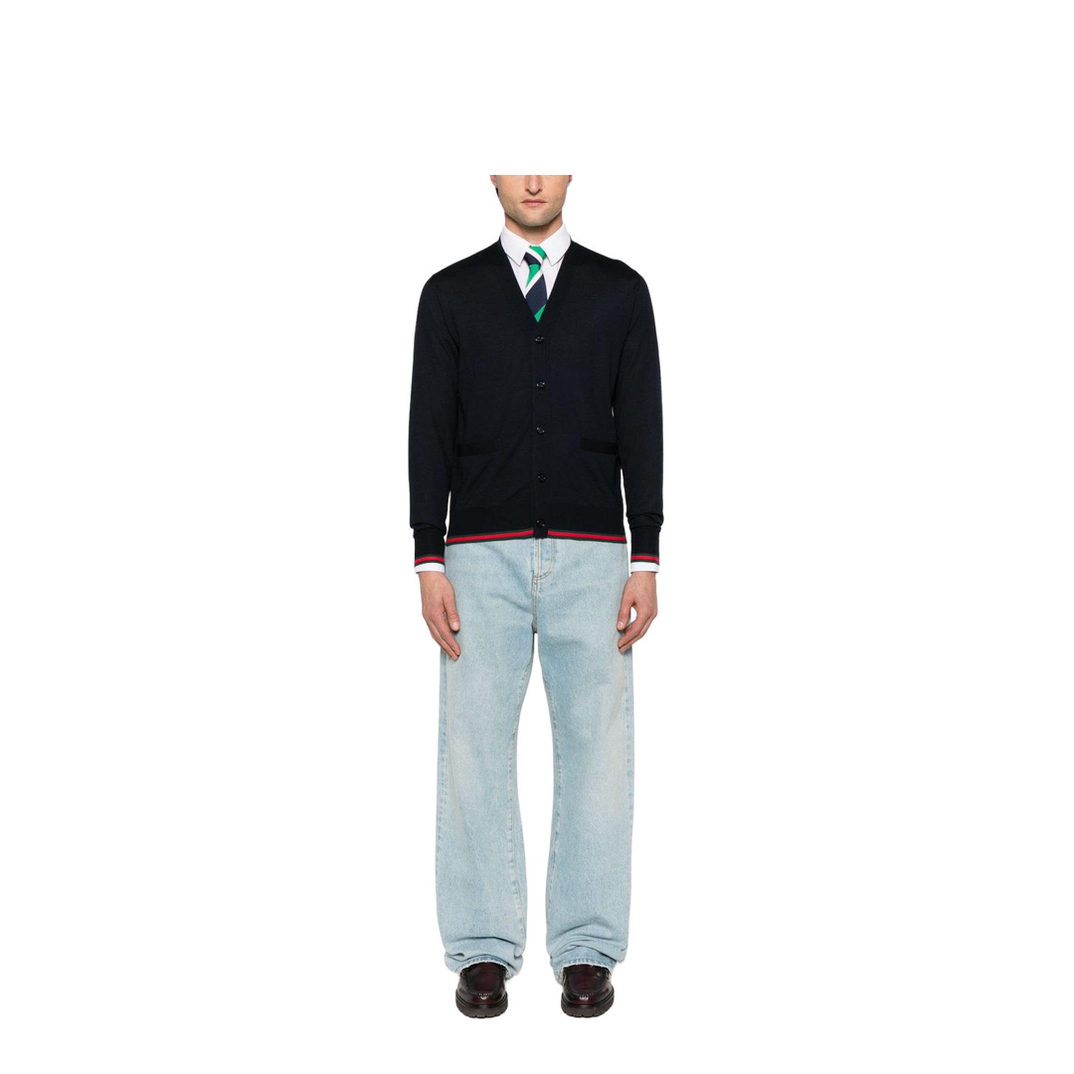 Wool Knit Cardigan with Web in Dark Blue